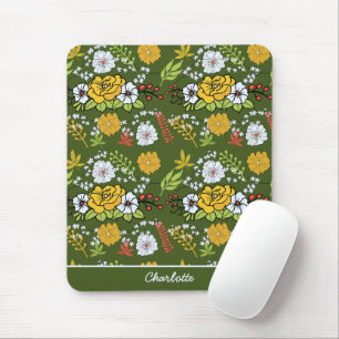 Tapis De Souris Nom personnalisé vert fleurie sans couture motif