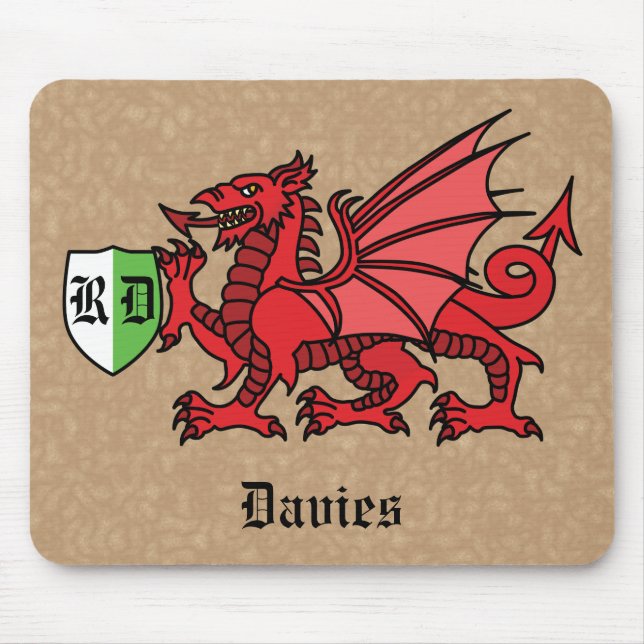 Tapis De Souris Nom personnalisé Welsh Dragon et monogramme (Devant)