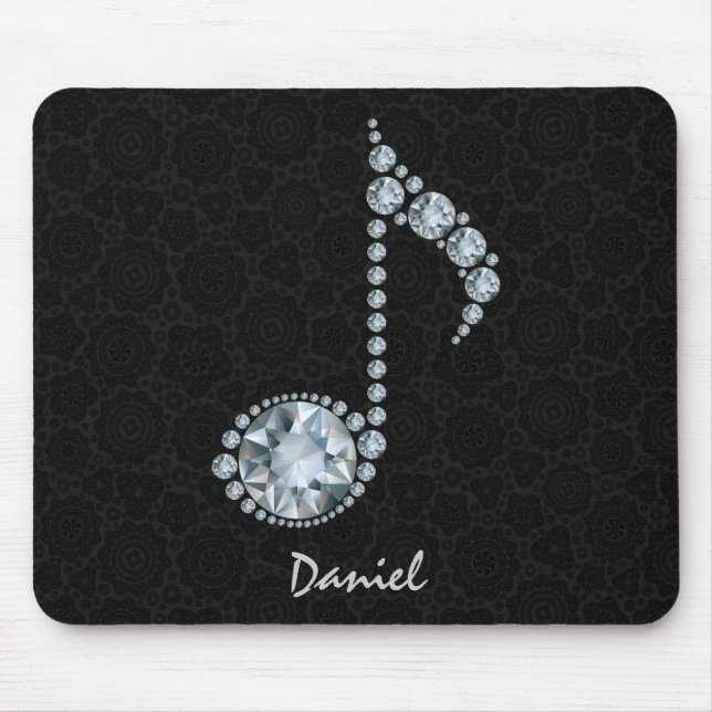 Tapis De Souris Note de musique Diamants blancs sur noir (Devant)