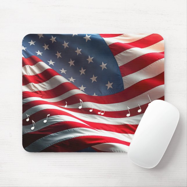 Tapis De Souris Notes de musique flottant sur un drapeau américain (Avec souris)