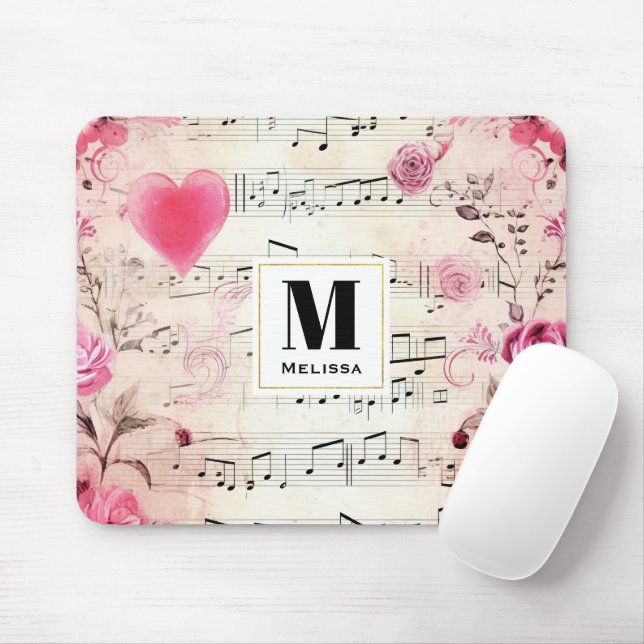 Tapis De Souris Notes musicales et design Vintage Rose (Avec souris)