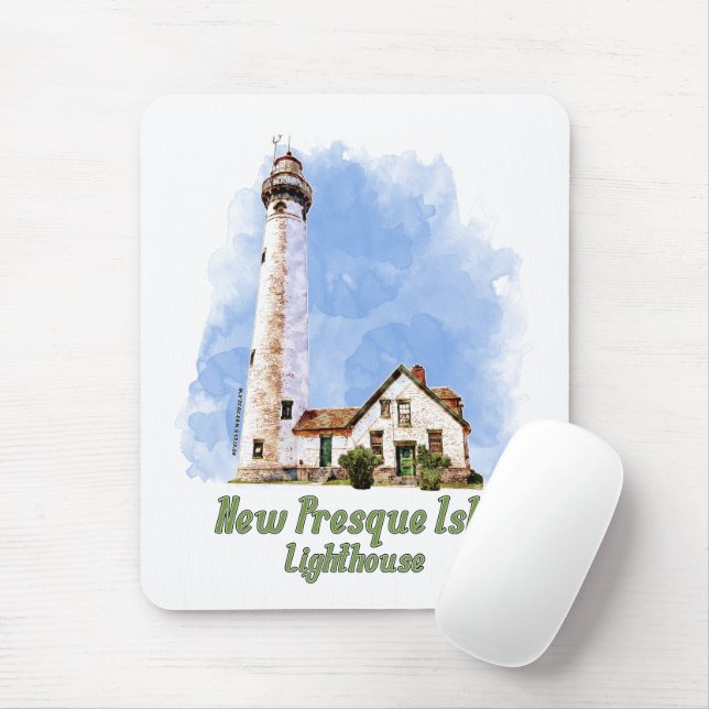 Tapis De Souris Nouvelle aquarelle du phare de Presque Isle - Mich (Avec souris)