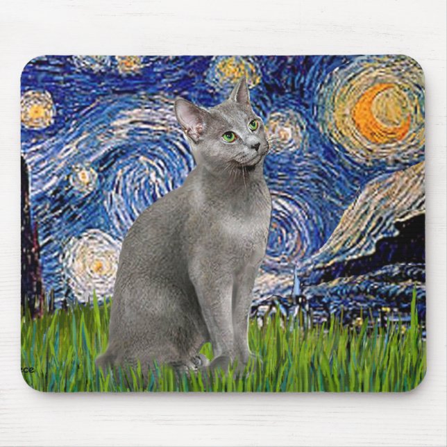 Tapis De Souris Nuit étoilée - chat bleu russe (Devant)