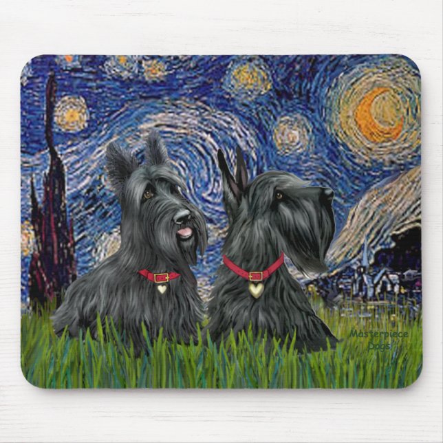 Tapis De Souris Nuit étoilée - Deux Terriers écossais (Devant)