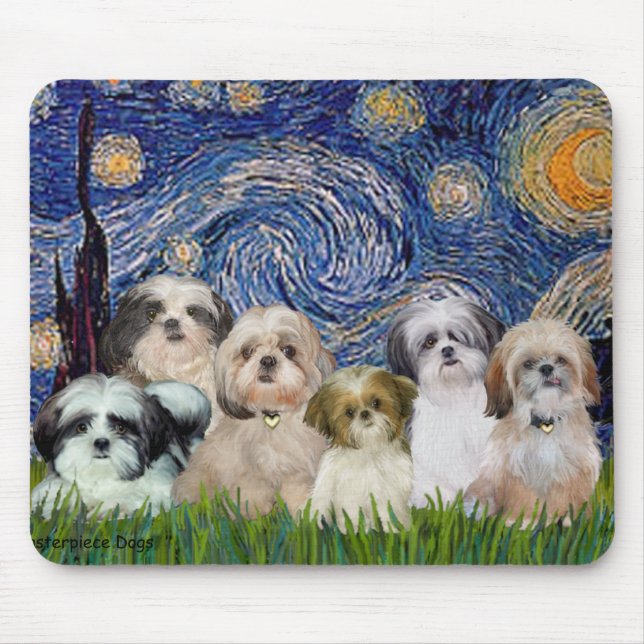 Tapis De Souris Nuit étoilée - Six Shih Tzus (Devant)