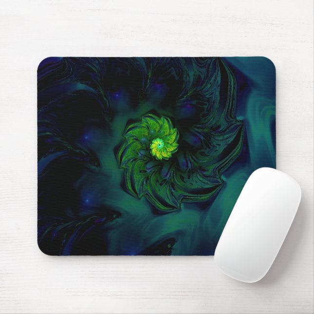 Tapis De Souris Obscurité | Art fractal bleu et vert (Avec souris)