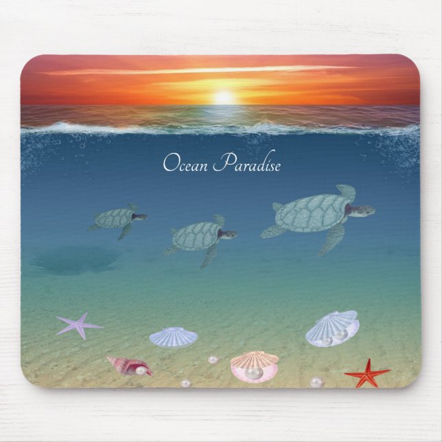 Tapis De Souris Ocean sunrise, swimming sea turtles and shells (Devant)