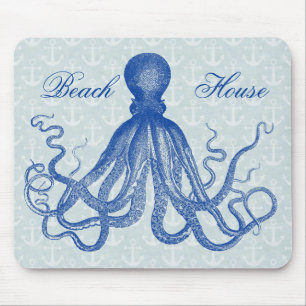 Tapis De Souris Octopus bleu vintage avec Ancres Personnalisé