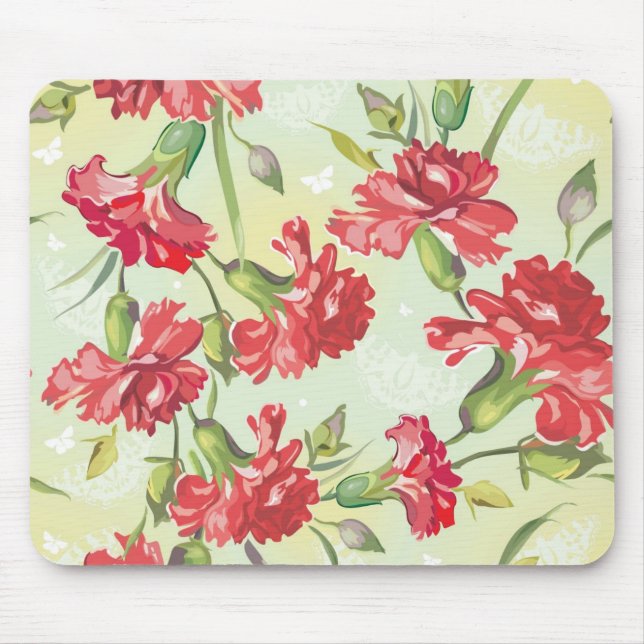 Tapis De Souris Oeillets rouges sur le vert avec des papillons (Devant)