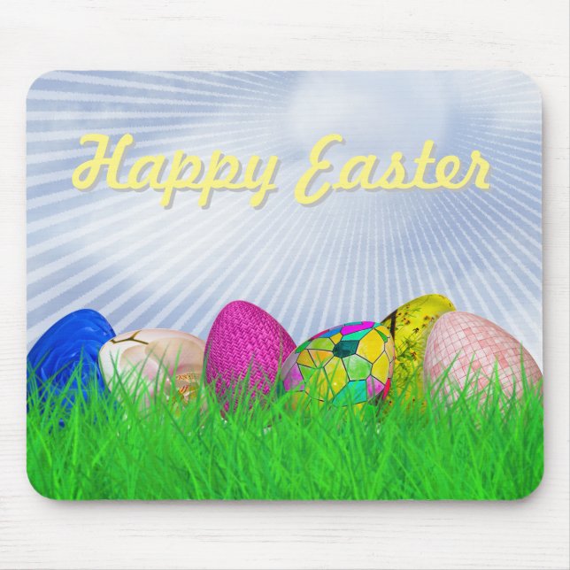Tapis De Souris Oeufs de Pâques décorés en herbe |Poutres blanches (Devant)
