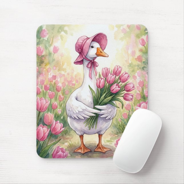 Tapis De Souris Oie Blanche Avec Tulipes Roses (Avec souris)