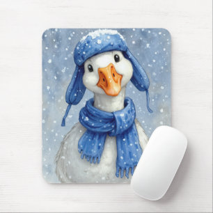 Tapis De Souris Oie blanche d'hiver avec écharpe bleue