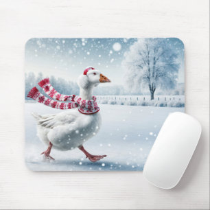Tapis De Souris Oie de Noël marche dans les flocons de neige