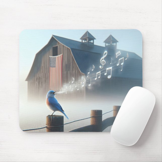 Tapis De Souris Oiseau bleu chantant dans la brume du matin (Avec souris)