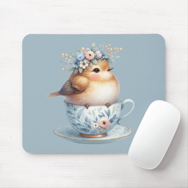 Tapis De Souris Oiseau bleu mignon avec couronne florale en Teacup (Avec souris)
