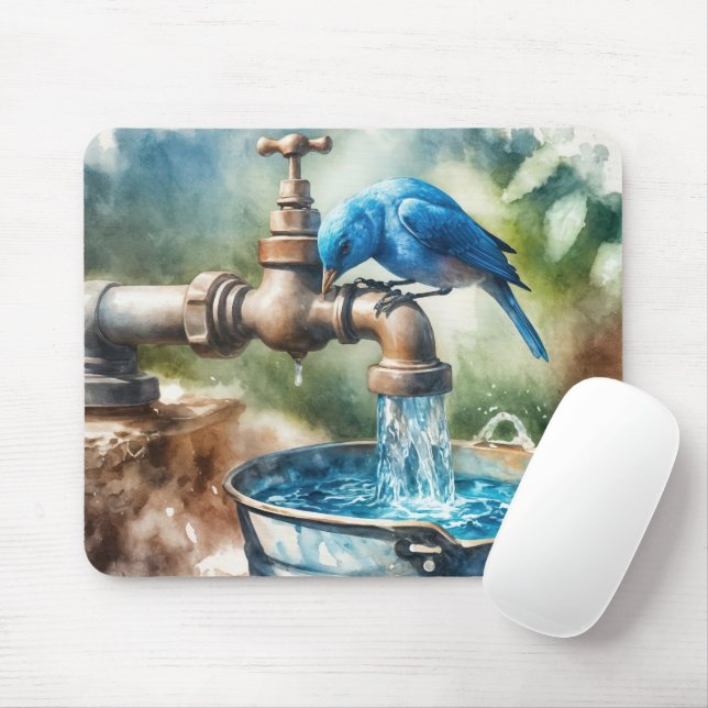 Tapis De Souris Oiseau bleu sur un vieux robinet (Avec souris)