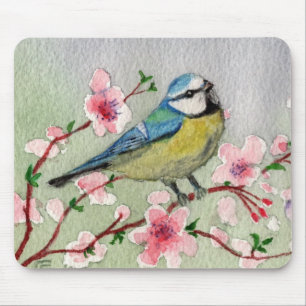 Tapis De Souris Oiseau Bleu Tit Sur L'Arbre En Fleur De Cerisier