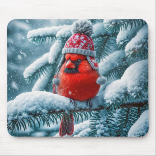 Tapis De Souris Oiseau cardinal rouge portant un Casquette d'hiver