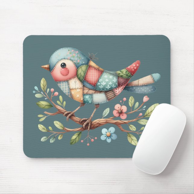 Tapis De Souris Oiseau chanteur patchwork sur branche fleurie (Avec souris)