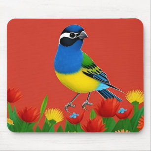 Tapis De Souris Oiseau Coloré Perché Parmi des Fleurs Vibrantes