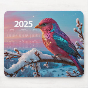 Tapis De Souris Oiseau coloré sur une branche d'arbre neigeux Cale
