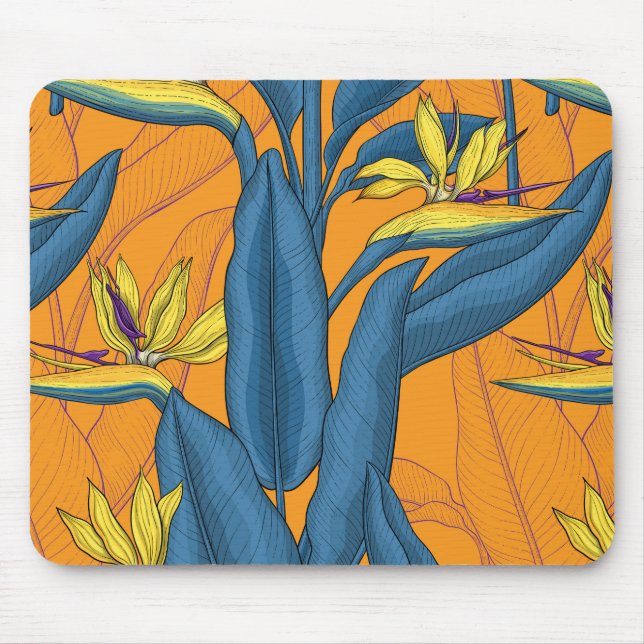Tapis De Souris Oiseau de fleurs paradisiaques sur orange (Devant)