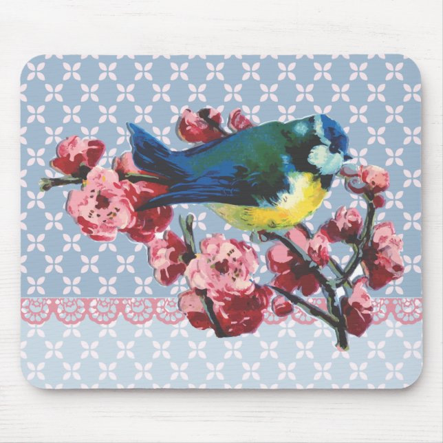 Tapis De Souris Oiseau et fleurs de cerisier bleus (Devant)