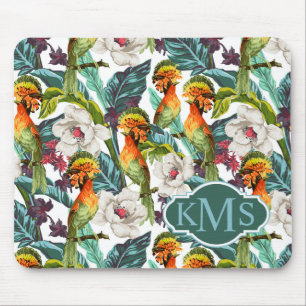 Tapis De Souris Oiseau et monogramme exotique du motif de fleur
