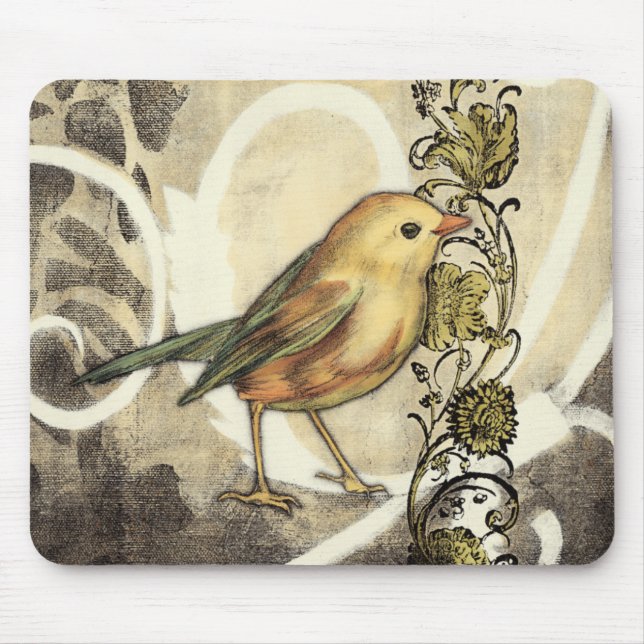 Tapis De Souris Oiseau jaune et vert sur Arrière - plan Vintage (Devant)