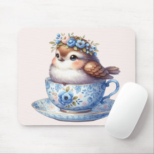Tapis De Souris Oiseau mignon en Floral Teacup Cottagecore Art
