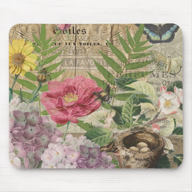 Tapis De Souris Oiseau Nid Floral Jardin Fleur Papillon Art (Devant)