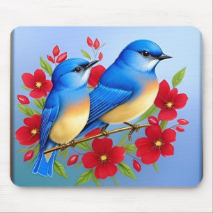Tapis De Souris Oiseaux bleus colorés perchés parmi les fleurs rou