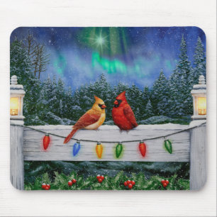 Tapis De Souris Oiseaux cardinaux et lumières de Noël