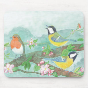 Tapis De Souris Oiseaux chantant sur une branche d'arbre en fleurs