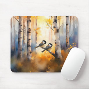 Tapis De Souris Oiseaux chanteurs mésanges dans une forêt automnal
