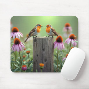 Tapis De Souris Oiseaux chanteurs sur un poteau de clôture avec de