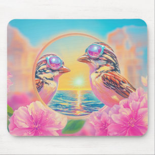 Tapis De Souris Oiseaux cool avec lunettes de soleil au coucher du