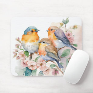 Tapis De Souris Oiseaux D'Aquarelle Sur Branche De Fleur