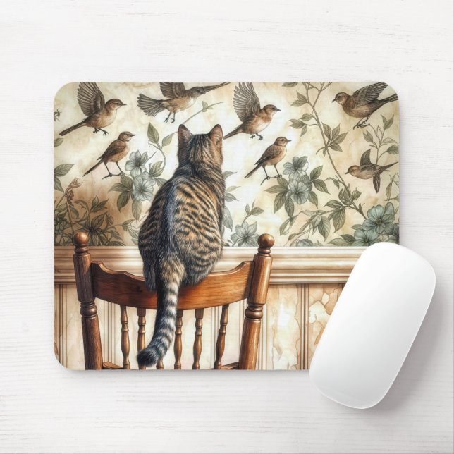 Tapis De Souris Oiseaux De Chat Sur Papier Peint (Avec souris)