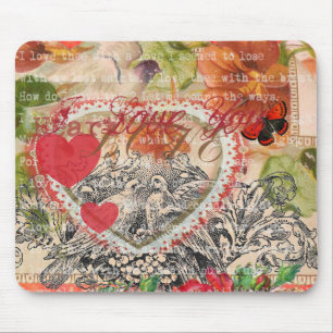 Tapis De Souris Oiseaux de l'amour Cœur Rouge Collage d'art
