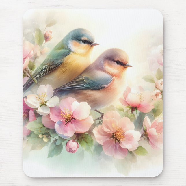 Tapis De Souris Oiseaux de l'amour doux pastel de printemps Fleurs (Devant)