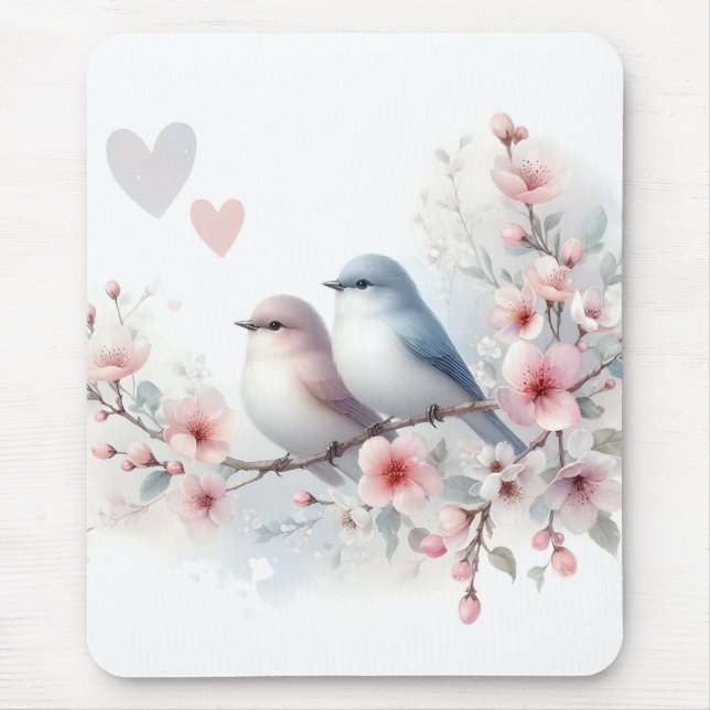 Tapis De Souris Oiseaux de l'amour romantique Branche de fleurs de (Devant)