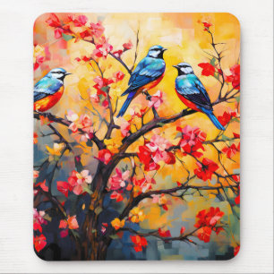 Tapis De Souris Oiseaux de printemps colorés en fleurs