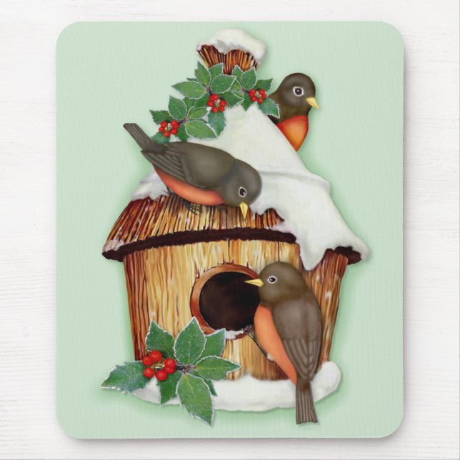 Tapis De Souris Oiseaux d'hiver et maison d'oiseaux (Devant)