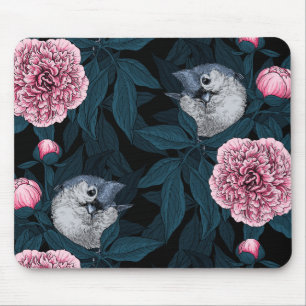 Tapis De Souris Oiseaux et fleurs de pivoines roses avec feuille
