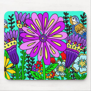 Tapis De Souris Oiseaux et fleurs de style d'art populaire coloré 