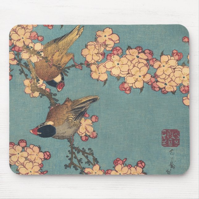 Tapis De Souris Oiseaux et fleurs japonais Art rose floral (Devant)