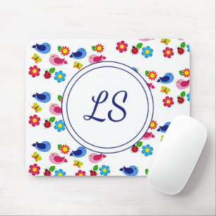 Tapis De Souris Oiseaux et fleurs printemps motif blanc
