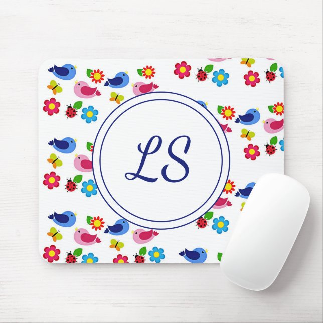 Tapis De Souris Oiseaux et fleurs printemps motif blanc (Avec souris)