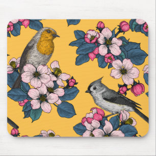 Tapis De Souris Oiseaux et fleurs sur le jaune